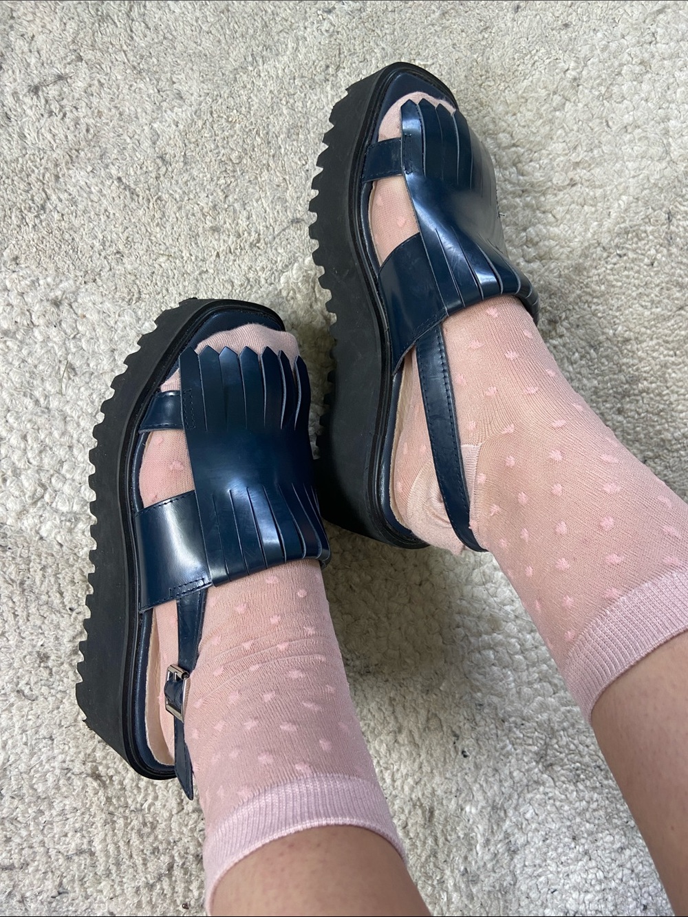 All Black Kiltie Navy Fringe Platform Chunky Sandals